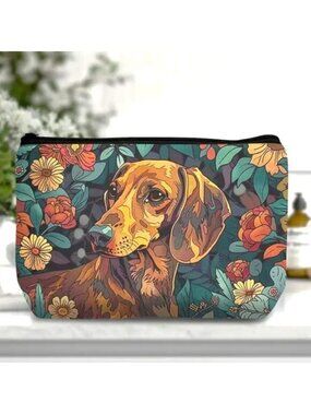 Cosmetic Bag Makeup Dachshund Dog Flowers Clutch Pouch Travel Storage Weiner Fun